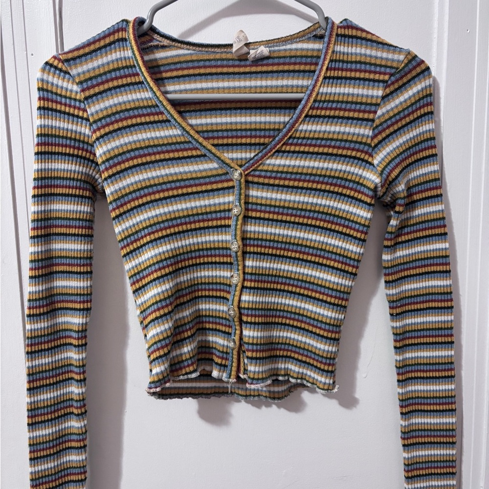 Striped Multicolor Ribbed V-Neck Button-Up Top